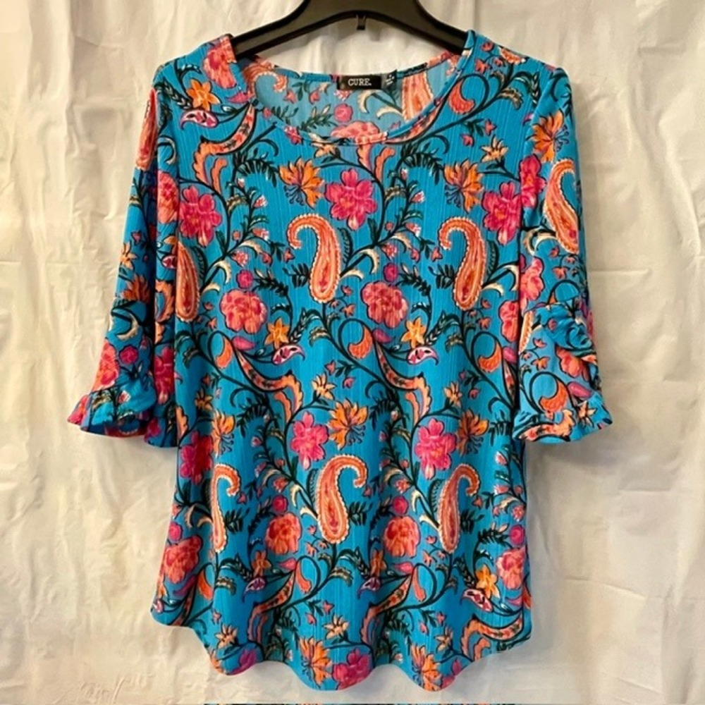 CURE Boho Turquoise Paisley Floral Textured Ribbed Ruffle Bell Sleeve Top Sz M